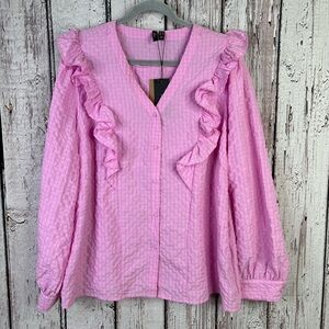 🏷️NWT Vero Moda Curve Size 14 Pastel Lavender Pink Ruffle Blouse Button Down NEW